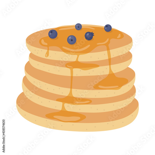 Stack of pancakes with maple syrup and blueberry. Vector illustration of traditional american breakfast. Icon in flat style