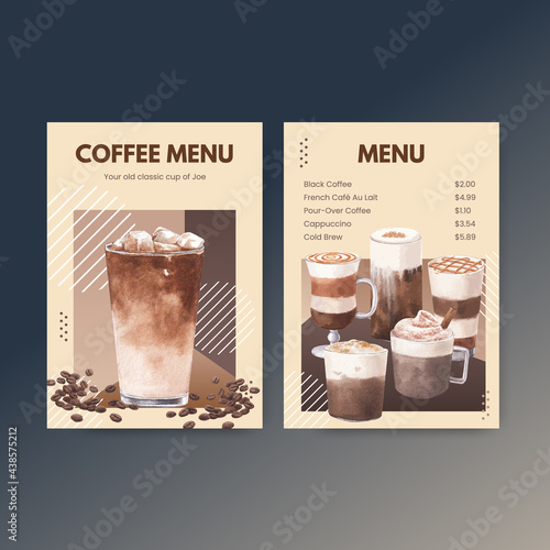 Menu template with coffee concept watercolor illustration