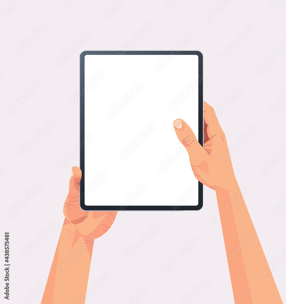 human hands holding tablet pc with blank touch screen using digital device concept isolated vertical human hands holding tablet pc with blank touch screen using digital device concept isolated vertical