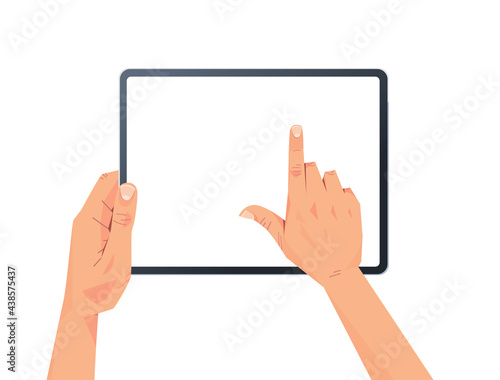 human hands holding tablet pc with blank touch screen using digital device concept isolated horizontal