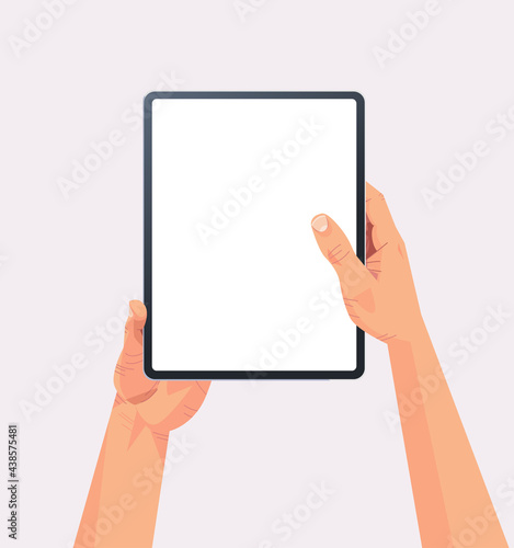 human hands holding tablet pc with blank touch screen using digital device concept isolated vertical
