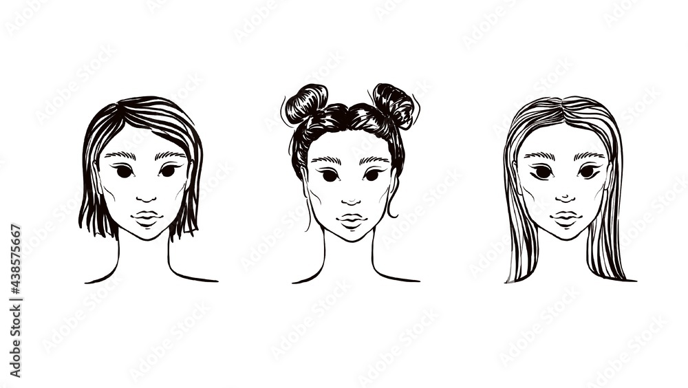 Illustration set of young girls portraits with different hairstyle Illustration set of young girls portraits with different hairstyle