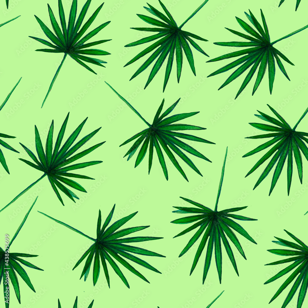 Watercolor hand drawn different leaves pattern, palm tree leaves