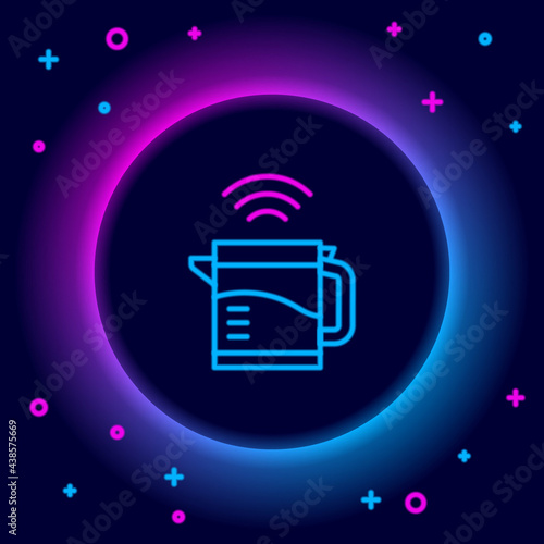 Glowing neon line Smart electric kettle system icon isolated on black background. Teapot icon. Internet of things concept with wireless connection. Colorful outline concept. Vector