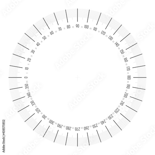 Full 360 degrees protractor - measuring instrument for measuring angles in geometry. Thin line vector illustration.