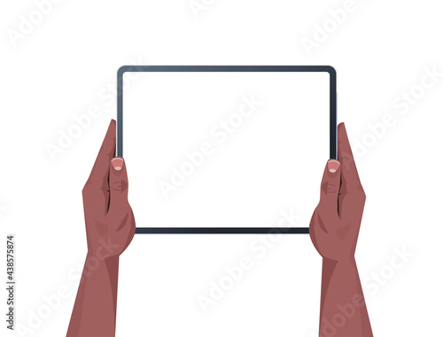 african american human hands holding tablet pc with blank touch screen using digital device concept