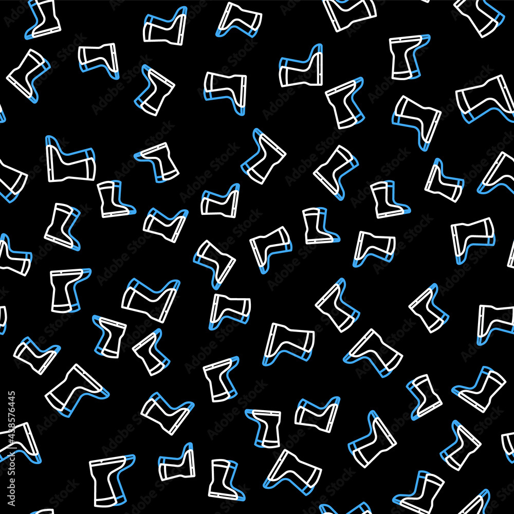 Line Fishing boots icon isolated seamless pattern on black background. Waterproof rubber boot. Gumboots for rainy weather, fishing, hunter, gardening. Vector Line Fishing boots icon isolated seamless pattern on black background. Waterproof rubber boot. Gumboots for rainy weather, fishing, hunter, gardening. Vector