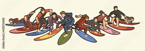 Surfer Action Group of Surfing Sport Man and Woman Players Cartoon Graphic Vector