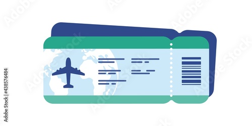 Icon of airline boarding pass tickets in blue color. Travel or journey concept. Isolated on white background. Vector illustration in flat style