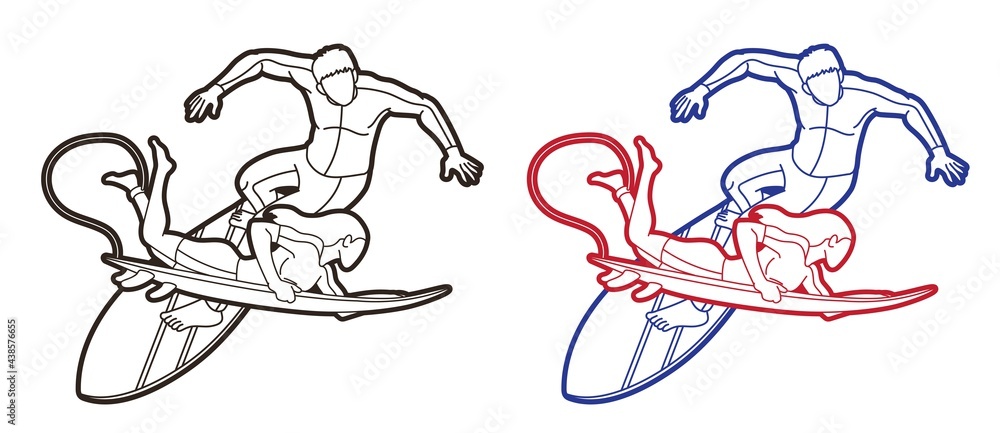 Surfer Action Group of Surfing Sport Man and Woman Players Cartoon Graphic Vector Surfer Action Group of Surfing Sport Man and Woman Players Cartoon Graphic Vector