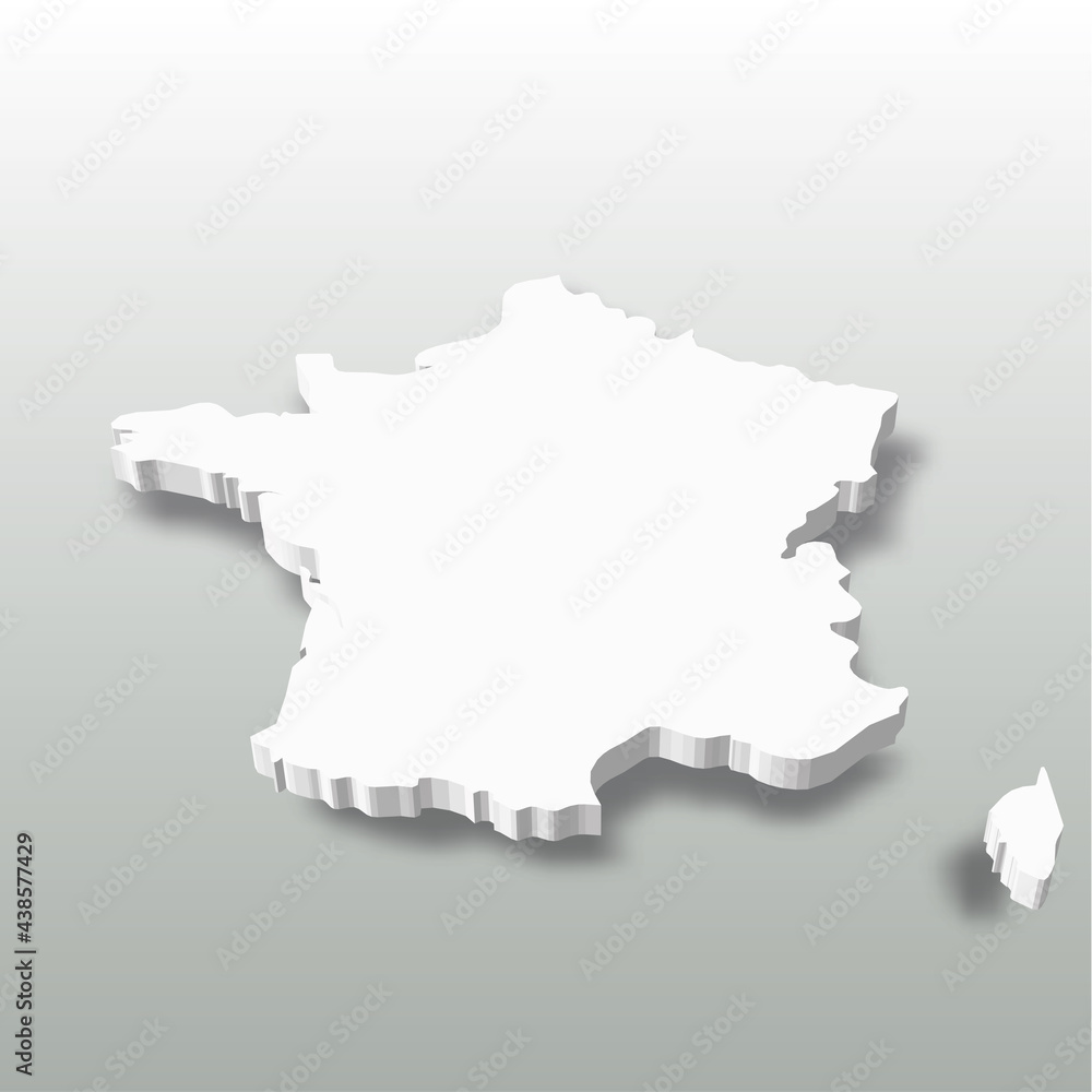 France - white 3D silhouette map of country area with dropped shadow on grey background. Simple flat vector illustration.