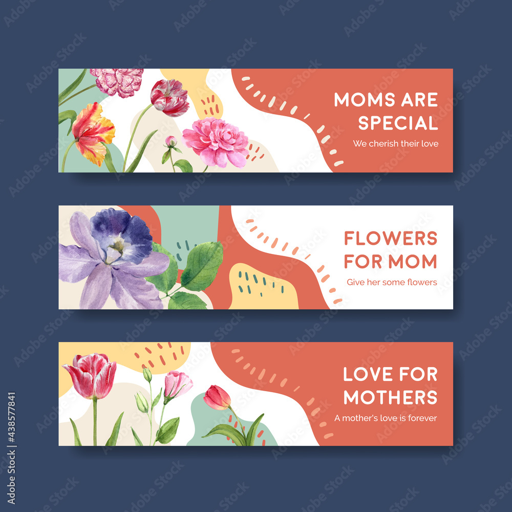 Naklejka premium Banner template with Happy mothers day concept watercolor illustration