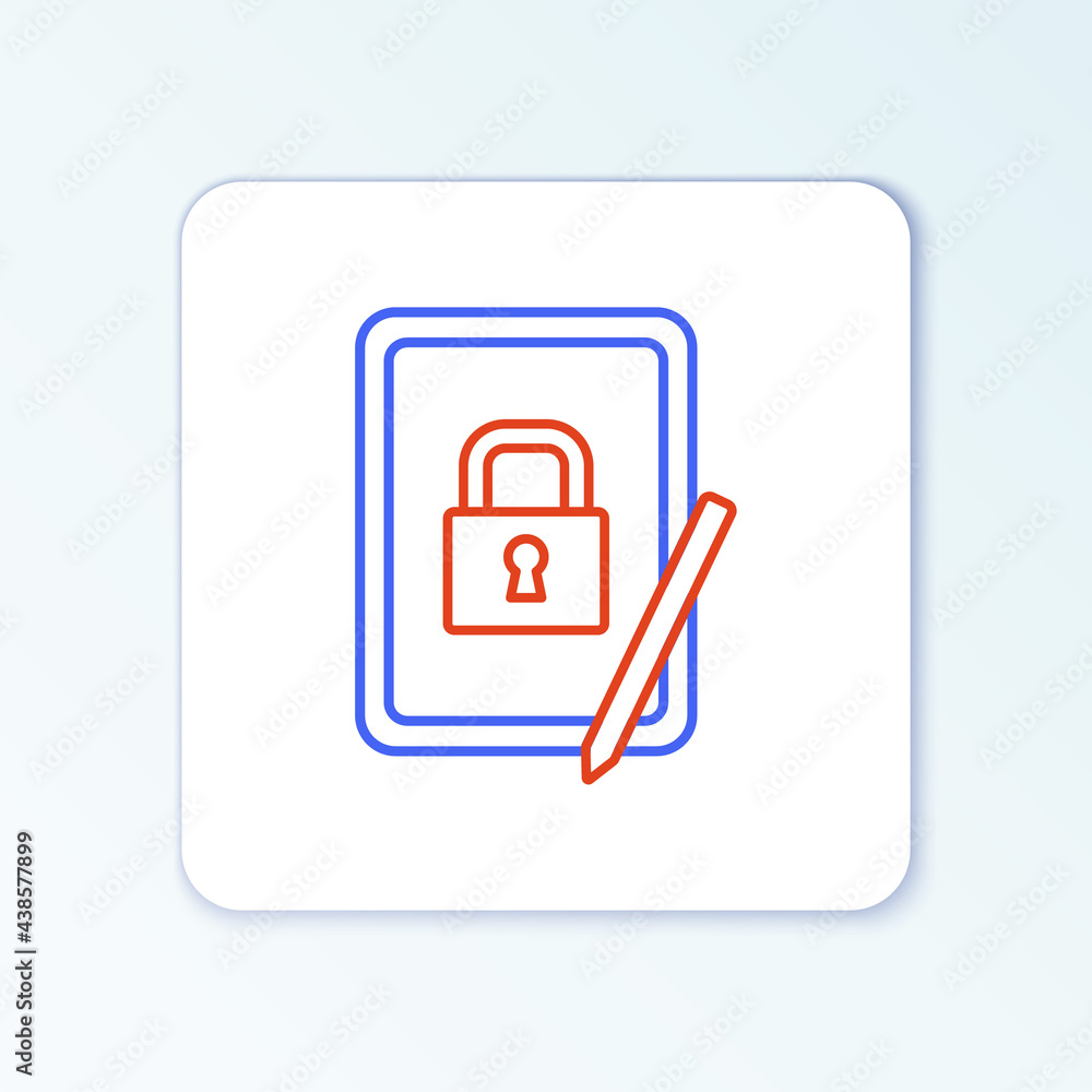 Line Graphic tablet with closed padlock icon isolated on white background. Phone with lock. Mobile security, safety, protection concept. Colorful outline concept. Vector Line Graphic tablet with closed padlock icon isolated on white background. Phone with lock. Mobile security, safety, protection concept. Colorful outline concept. Vector