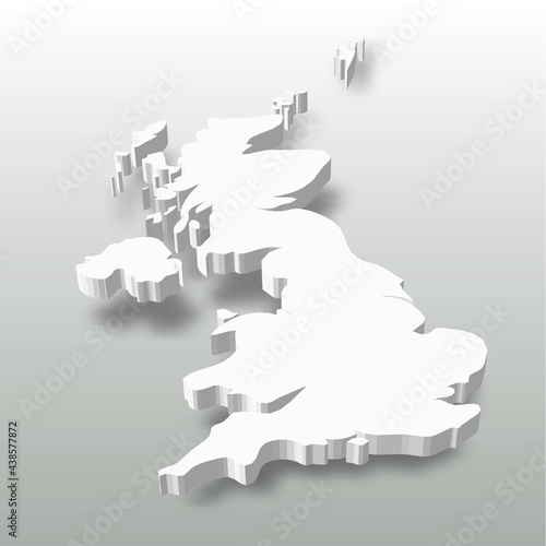 United Kingdom of Great Britain and Northern Ireland, UK - white 3D silhouette map of country area with dropped shadow on grey background. Simple flat vector illustration.