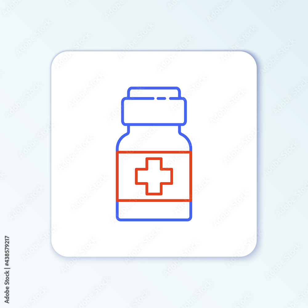 Line Medicine bottle and pills icon isolated on white background. Medical drug package for tablet, vitamin, antibiotic, aspirin. Colorful outline concept. Vector Line Medicine bottle and pills icon isolated on white background. Medical drug package for tablet, vitamin, antibiotic, aspirin. Colorful outline concept. Vector