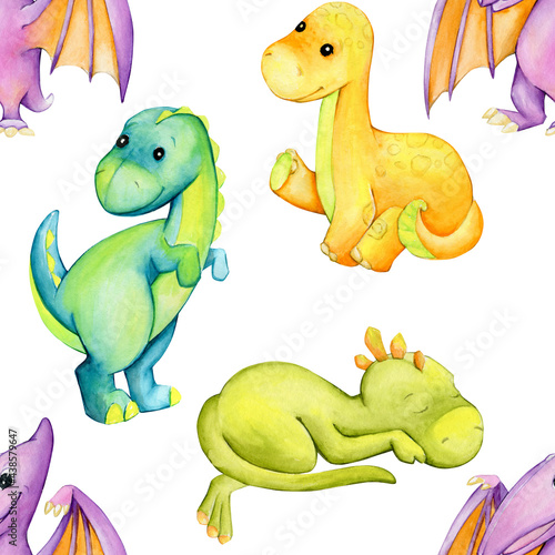 Watercolor seamless pattern  on an isolated background. Dinosaurs  in cartoon style  different colors.