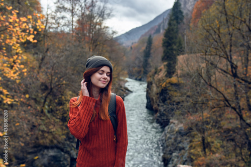 woman hiker travels mountains rivers fresh air nature