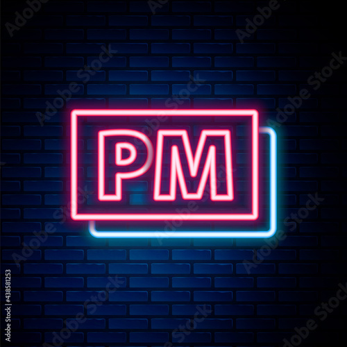 Glowing neon line Clock PM icon isolated on brick wall background. Time symbol. Colorful outline concept. Vector