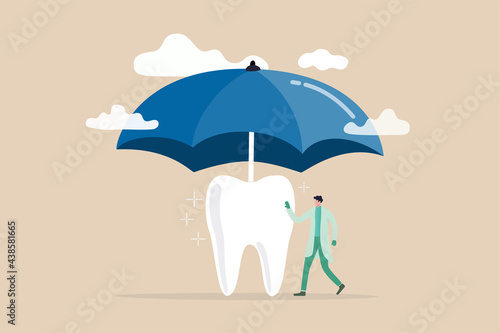 Dental insurance covering healthcare and medical cost, tooth protection or dental care concept, dentist standing with strong clean tooth with big umbrella cover or protect from storm above.