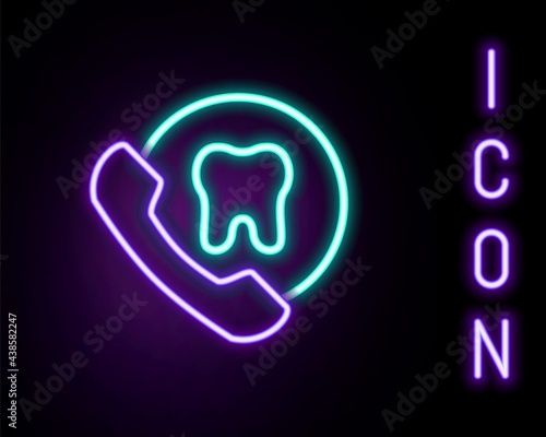Glowing neon line Online dental care icon isolated on black background. Dental service information call center. Colorful outline concept. Vector