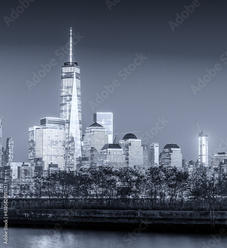 Lower Manhattan night skyline in black and white