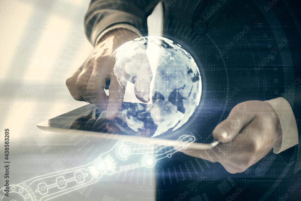Multi exposure of man's hands holding and using a digital device and map drawing. International business concept. Multi exposure of man's hands holding and using a digital device and map drawing. International business concept.