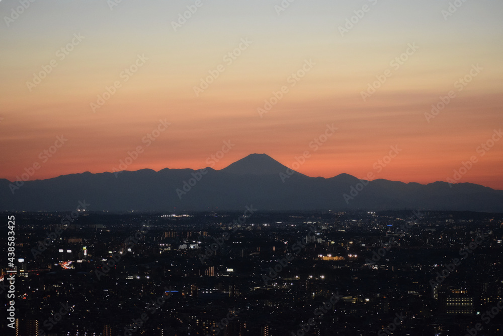 富士山と夕暮れ後の東京