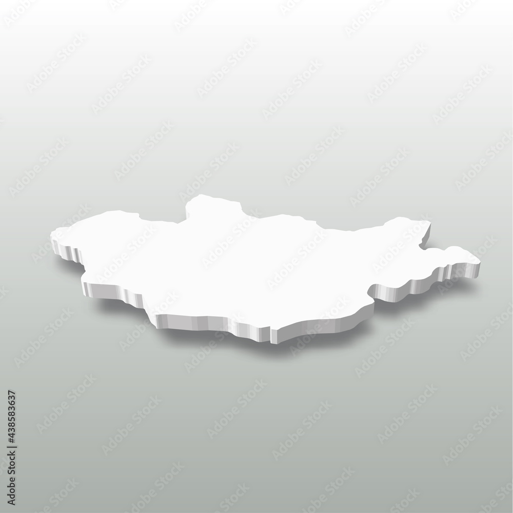Mongolia - white 3D silhouette map of country area with dropped shadow on grey background. Simple flat vector illustration.
