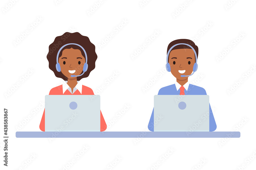 African American girl and guy wearing in headphones, the concept of a call center and online customer support. African American girl and guy wearing in headphones, the concept of a call center and online customer support.