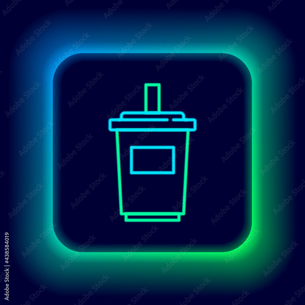 Glowing neon line Paper glass with drinking straw and water icon isolated on black background. Soda drink glass. Fresh cold beverage symbol. Colorful outline concept. Vector