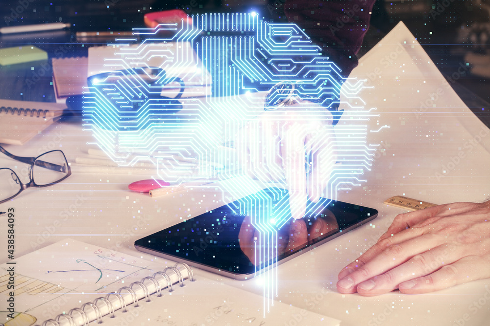 Double exposure of man's hand holding and using a digital device and brain hologram drawing. Data concept. Double exposure of man's hand holding and using a digital device and brain hologram drawing. Data concept.