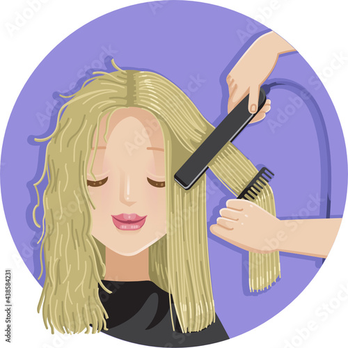 Hairdresser hands straightening hair of women. Stylist beauty salon hairstyle fashion.