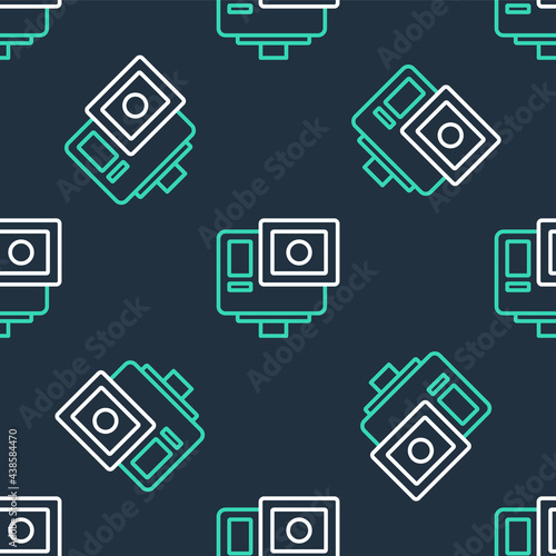 Line Action extreme camera icon isolated seamless pattern on black background. Video camera equipment for filming extreme sports. Vector