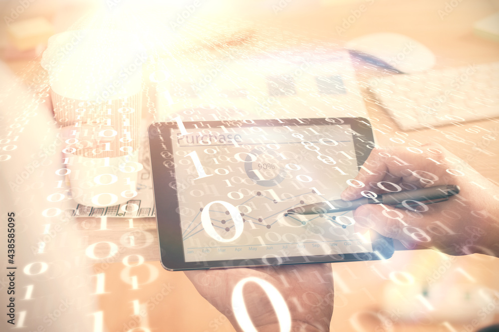 Multi exposure of man's hands holding and using a digital device and data theme drawing. Innovation concept. Multi exposure of man's hands holding and using a digital device and data theme drawing. Innovation concept.