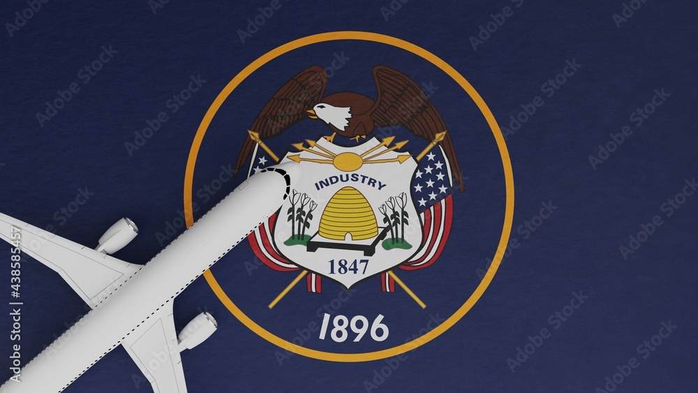 Naklejka premium Top Down View of a Plane in the Corner on Top of the US State Flag of Utah