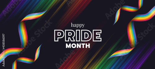 Happy Pride month text and rainbow pride ribbons stripe wave on light stripe rainbow texture and dark background vector design
