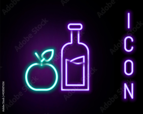 Glowing neon line Apple cider bottle icon isolated on black background. Beverage glass bottle. Colorful outline concept. Vector