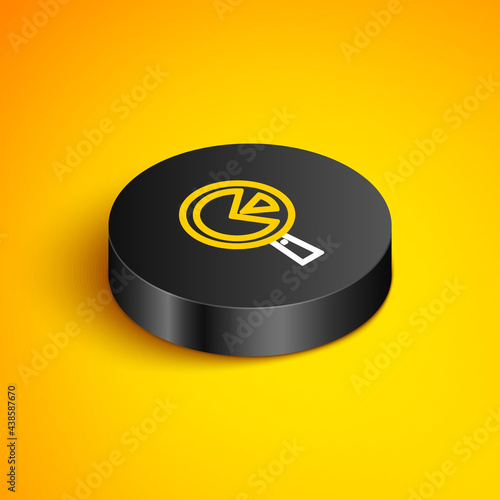 Isometric line Omelette in frying pan icon isolated on yellow background. Omelet in a skillet. Black circle button. Vector