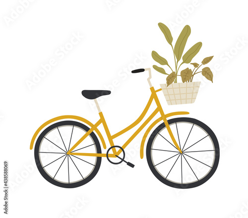 Vector illustration of yellow city bicycle with flowers on a basket, isolated on white. Hand-drawn illustration. Suitable for illustrating a healthy lifestyle, sports, transport.