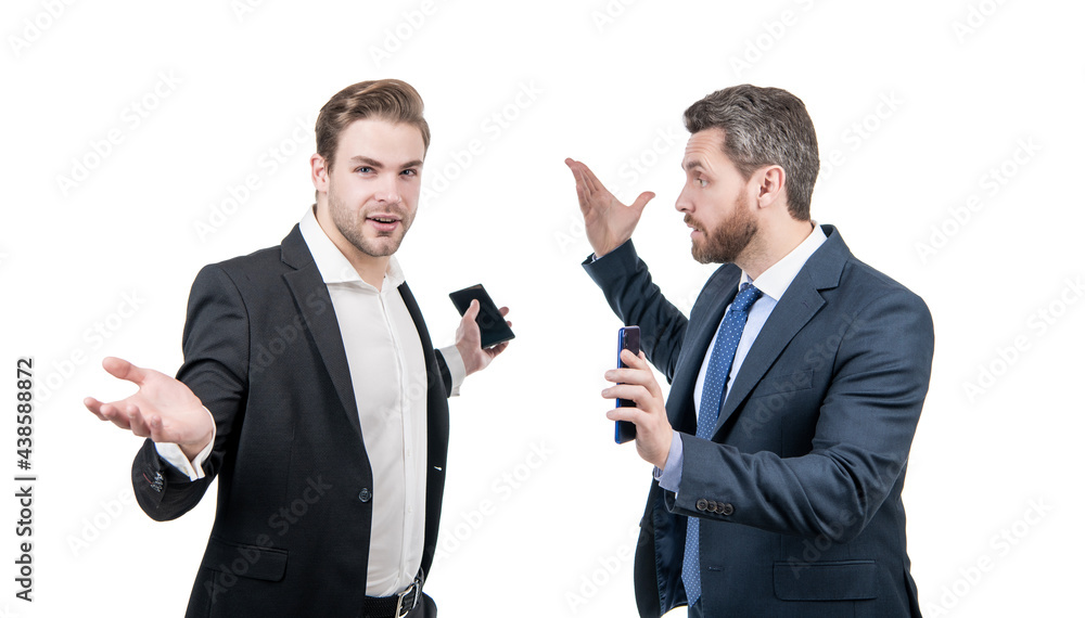 businessmen talking and discussing conflict. boss and employee hold smartphone. businessmen talking and discussing conflict. boss and employee hold smartphone.