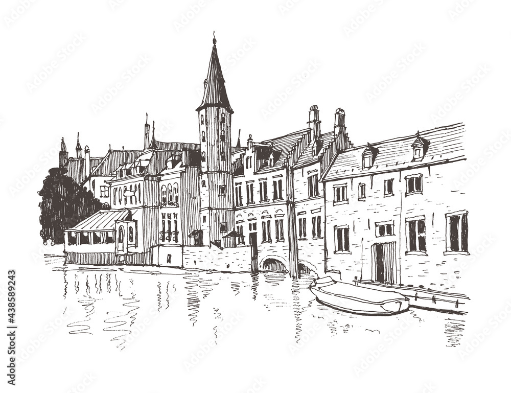 Travel sketch of Bruges, Belgium.  Hand drawing of Bruges. Urban sketch in black color isolated on white background. Historical building line art. Freehand drawing. Hand drawn travel postcard.