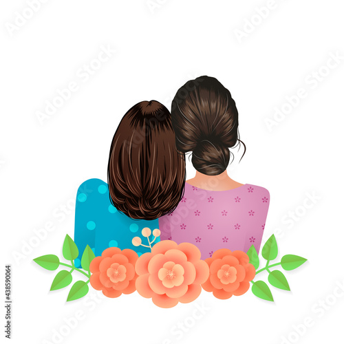 Female best friends back view decorated with flower. Friendship Vector illustration.
