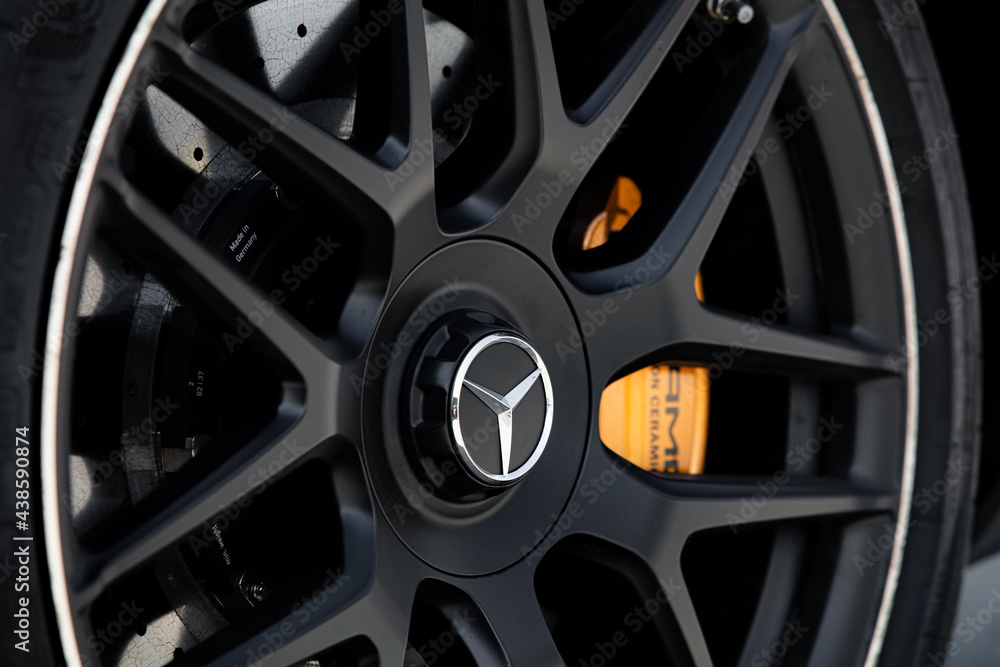 MercedesBenz wheel. Mercedes amg carbon ceramic brakes Stock Photo