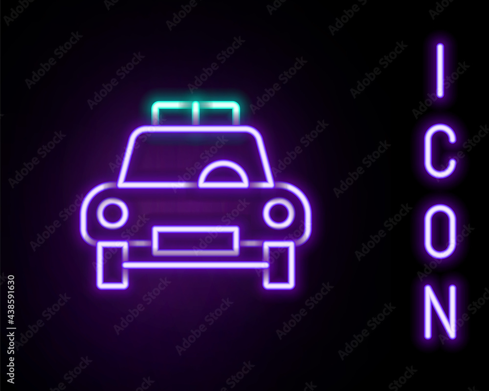 Glowing neon line Police car and police flasher icon isolated on black background. Emergency flashing siren. Colorful outline concept. Vector Glowing neon line Police car and police flasher icon isolated on black background. Emergency flashing siren. Colorful outline concept. Vector