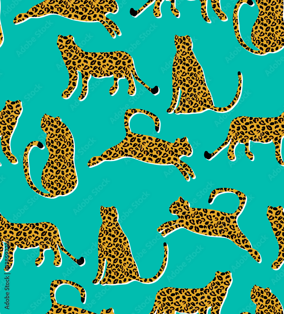 Obraz premium Textured Naughty Leopards Pattern Trendy Fashion Colors Minimal Concept Seamless Design Abstract Cartoon Cats