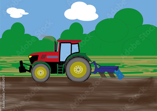 Ciągnik rolniczy wykonujący prace na polu uprawnym.