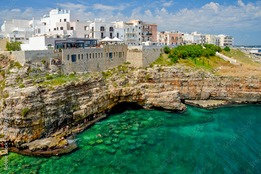 Panoramic view of Polignano a Mare, a village on the Apulian coast in Italy.