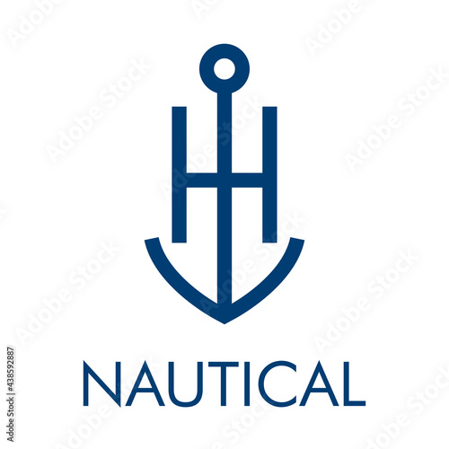 Logotipo con ancla de barco con forma de letra inicial H y texto Nautical en color azul