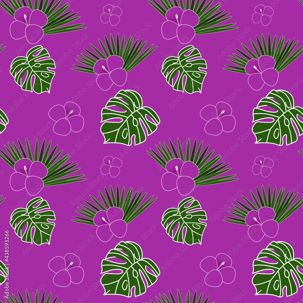 Naklejka premium Vector seamless floral tropical pattern with exotic palm leaves, hibiscus flowers and monstera style for fabrics, paper, textile, gift wrap isolated on pink background