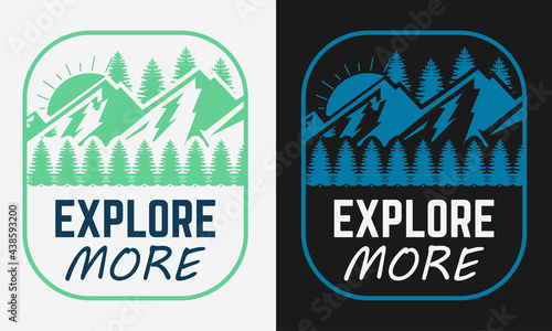 explore more with mountain trees and sun camping logo label emblem with color variant for t-shirt design and many others, vector illustration